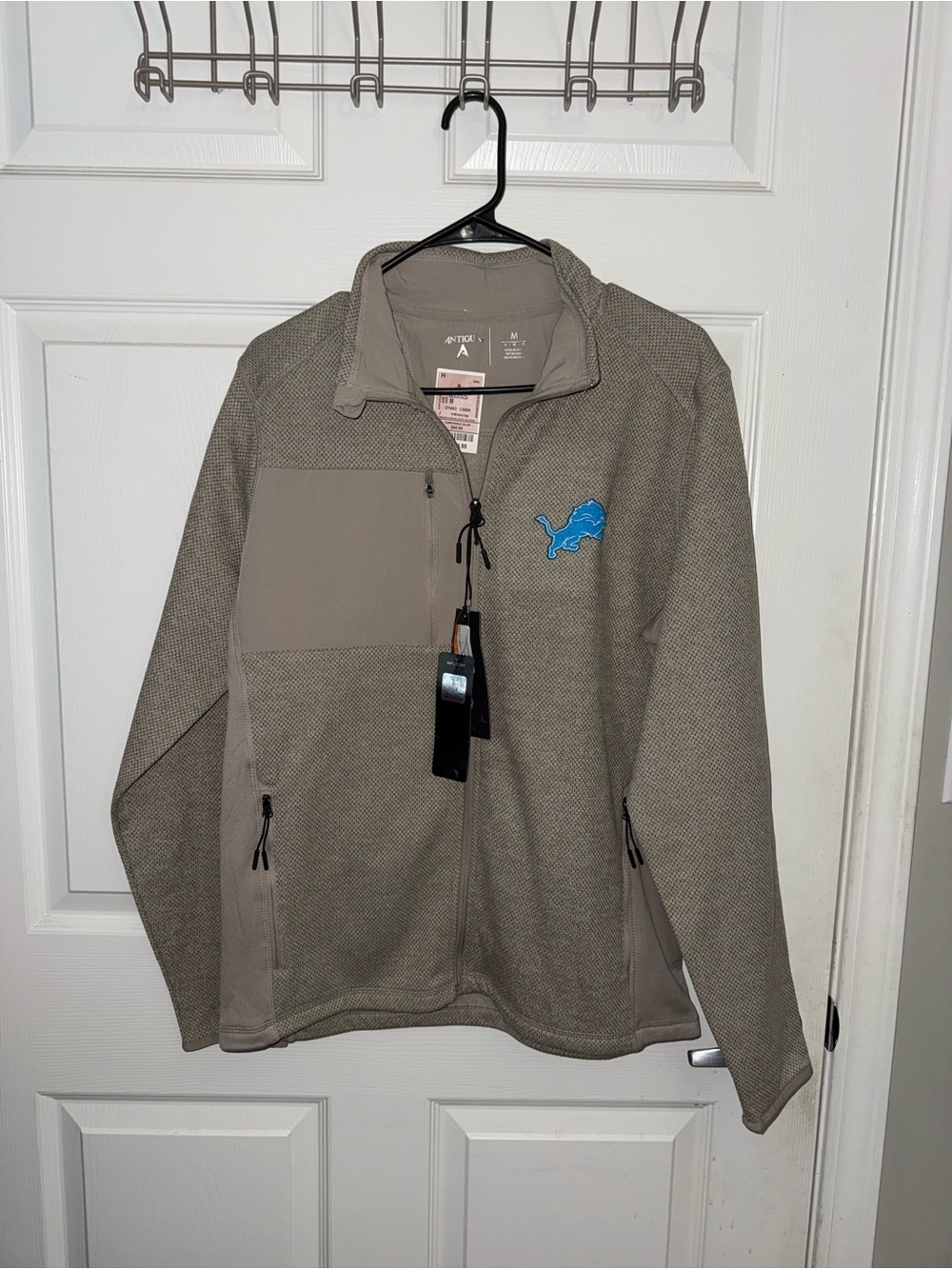 Antigua Men's Lightweight Zip Jacket in Taupe with Detroit Lions Logo